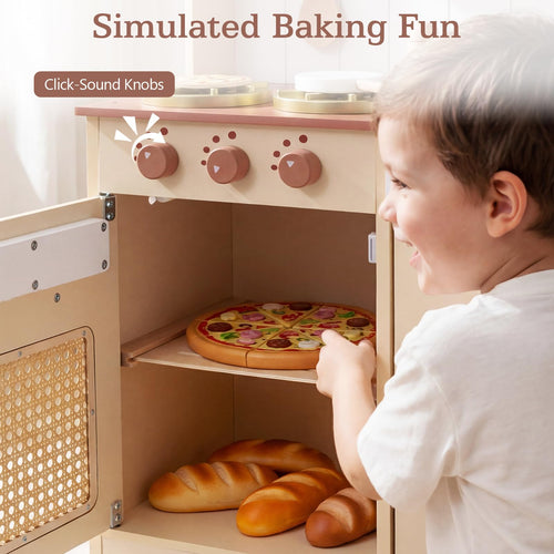 Play Kitchen, Wooden Kids Cooking Toy with Realistic Lights Sounds