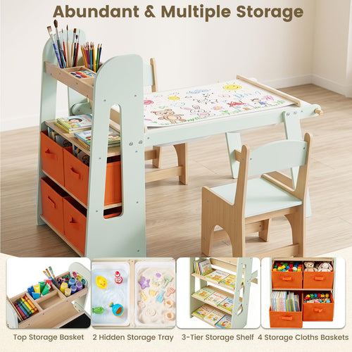 Sensory Table and Chairs Set for Toddlers, Wooden Activity Table with Paper Roll Holder,  Art Play Sand Water Desk