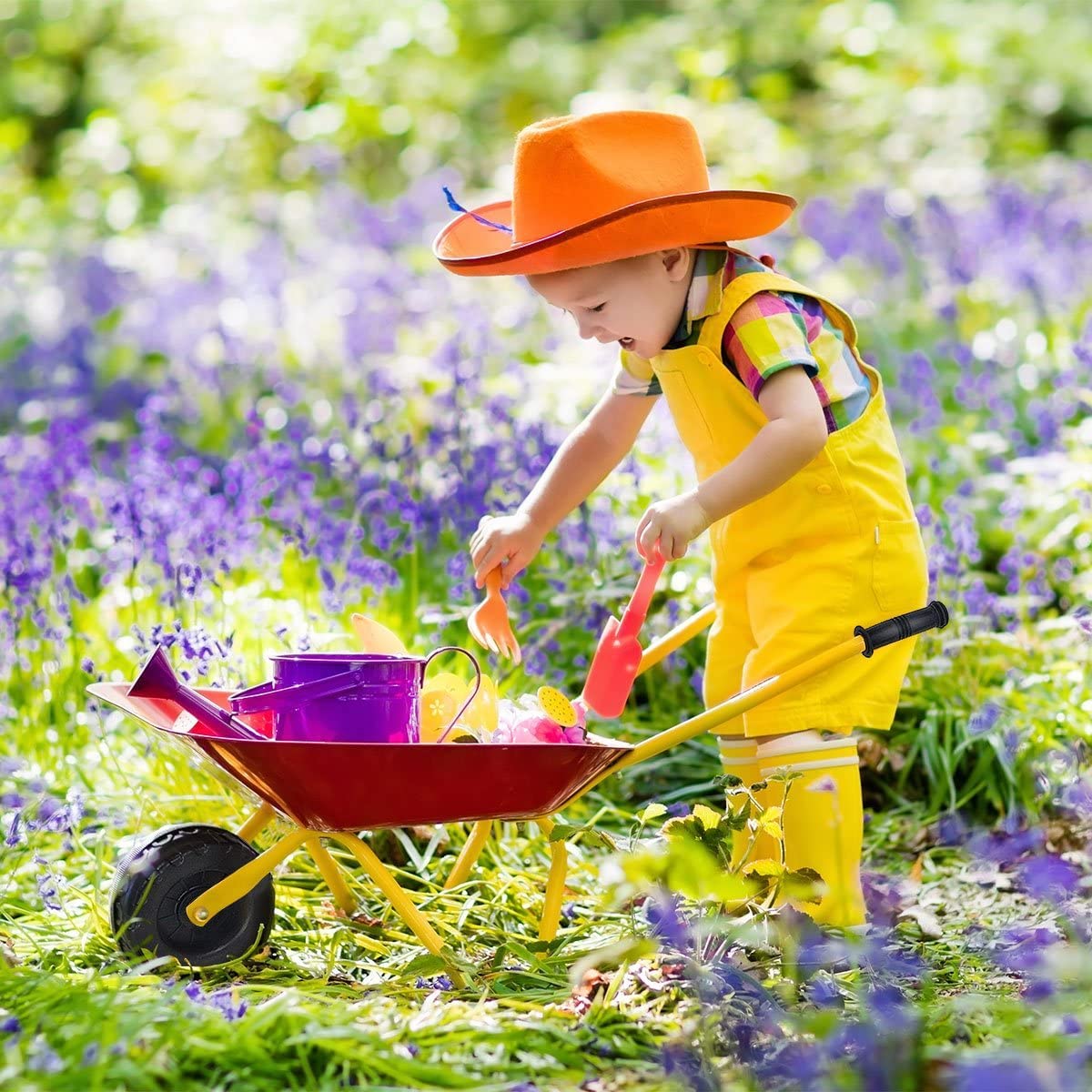Kids Wheelbarrow, Children Steel Garden Wheelbarrow w/Non-Slip Handle, Wearable Wheels