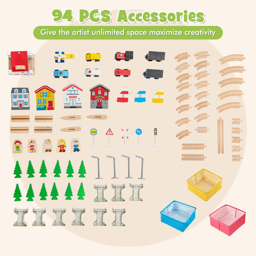 Train Table, 84 Pieces Wooden Kids Activity Toy Table Playset with Reversible Detachable Tabletop