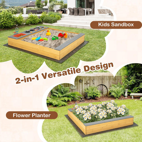 Wooden Sandbox, Kids Sand Pit with Kitchen Playset Accessories and Built-in Bench Seat