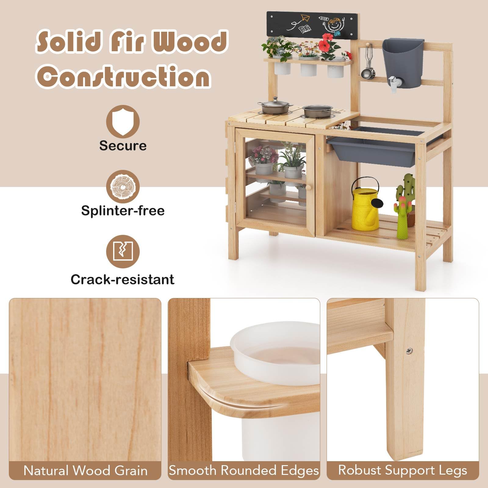 Mud Kitchen for Kids Outdoor, Wooden Toddler Play Kitchen with 12 Plant Pots, Faucet, Stoves