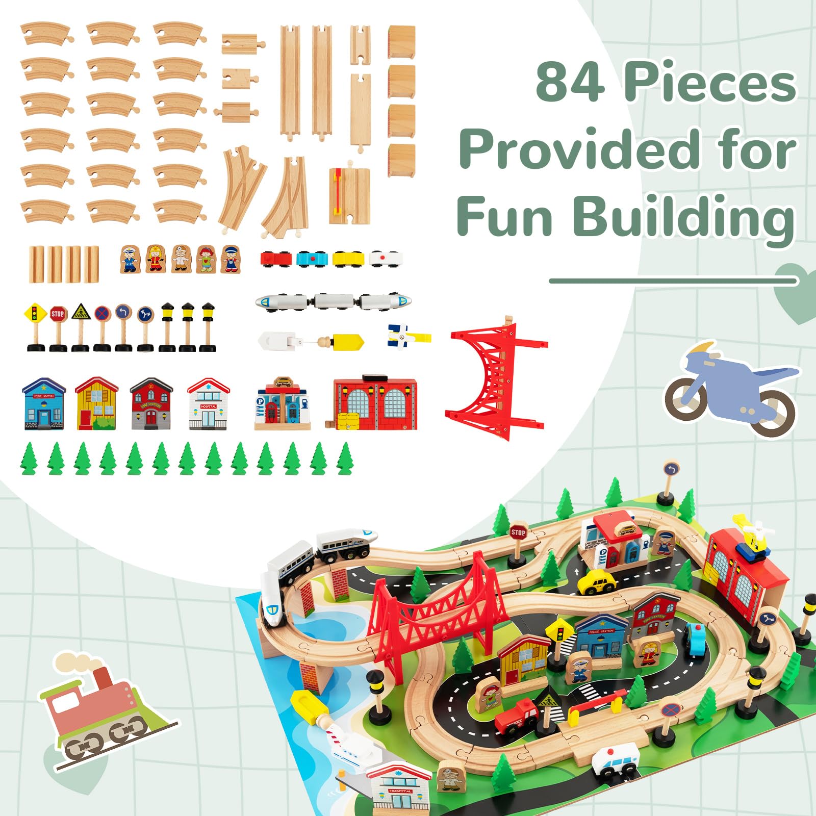 INFANS Train Table, 84 Pieces Wooden Kids Activity Toy Table Playset