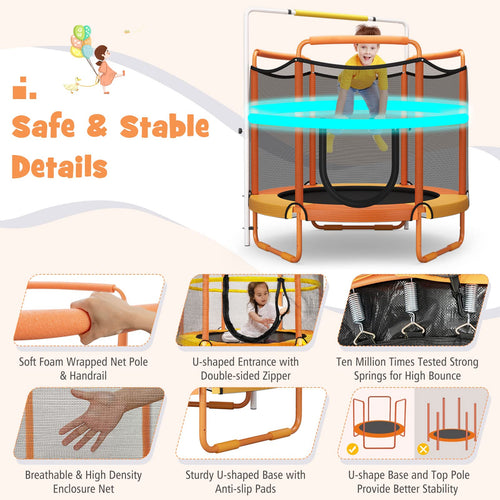 60"/5FT Trampoline for Kids, 3-in-1 Heavy Duty Mini Trampoline w/Ring and Horizontal Bar