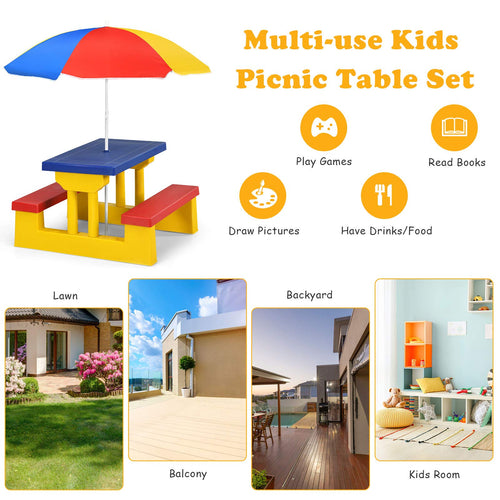 Kids Picnic Table Set, Table Bench Set for Toddlers w/Removable Umbrella
