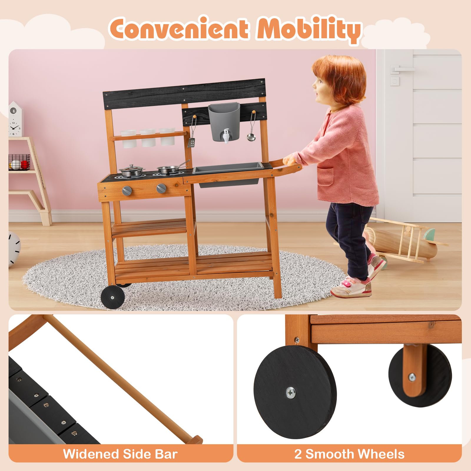INFANS Mud Kitchen, Outdoor Play Kitchen with Awning Faucet Stoves Cooking Accessories