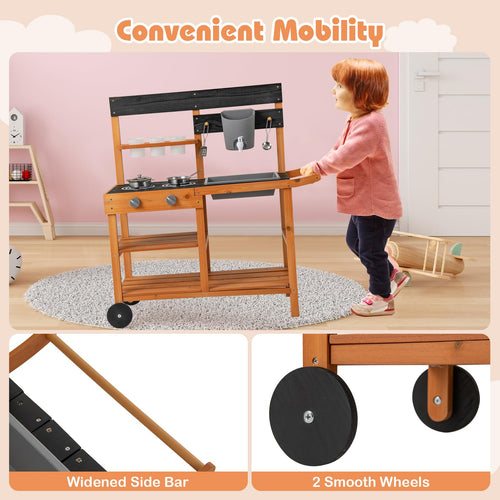 INFANS Mud Kitchen, Outdoor Play Kitchen with Awning Faucet Stoves Cooking Accessories