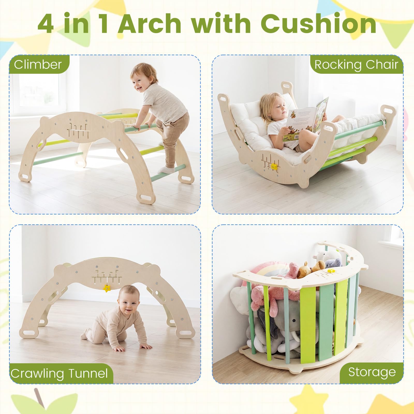 Pikler Triangle Set, 13 in 1 Frog Theme Foldable Wooden Montessori Toddler Climbing Toys