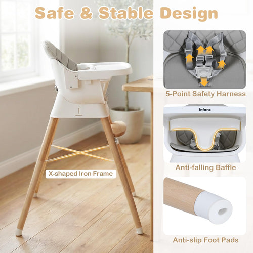INFANS Baby High Chair, 6 in 1 Wooden Convertible Highchair for Babies and Toddlers