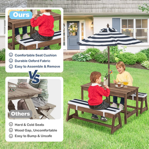 Kids Picnic Table Bench Set, Wooden Kids Outdoor Furniture with Umbrella, Sponge Cushions