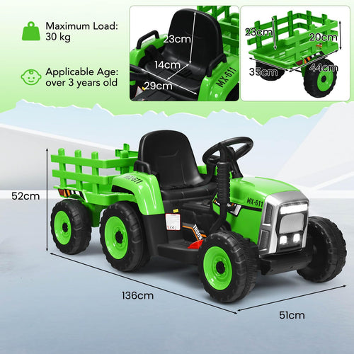 Kids Ride On Car, 12V Electric Ride On Tractor with Trailer for Children, Electric Toy Car for Over 3 w/Remote Control