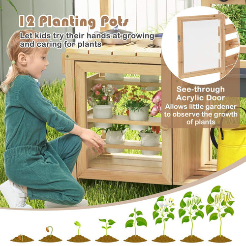 Mud Kitchen for Kids Outdoor, Wooden Toddler Play Kitchen with 12 Plant Pots, Faucet, Stoves