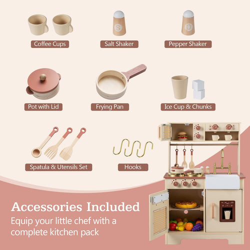 Play Kitchen, Wooden Kids Cooking Toy with Realistic Lights Sounds