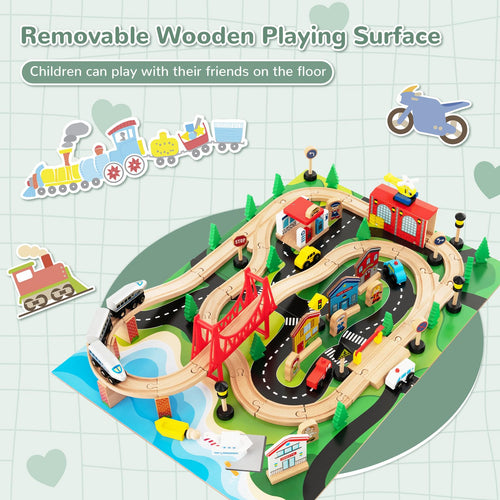 INFANS Train Table, 84 Pieces Wooden Kids Activity Toy Table Playset