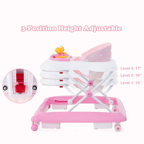 Foldable Baby Walker, 3 in 1 Toddler Walker Leaning-Seated Walk-Behind with Removable Music Tray