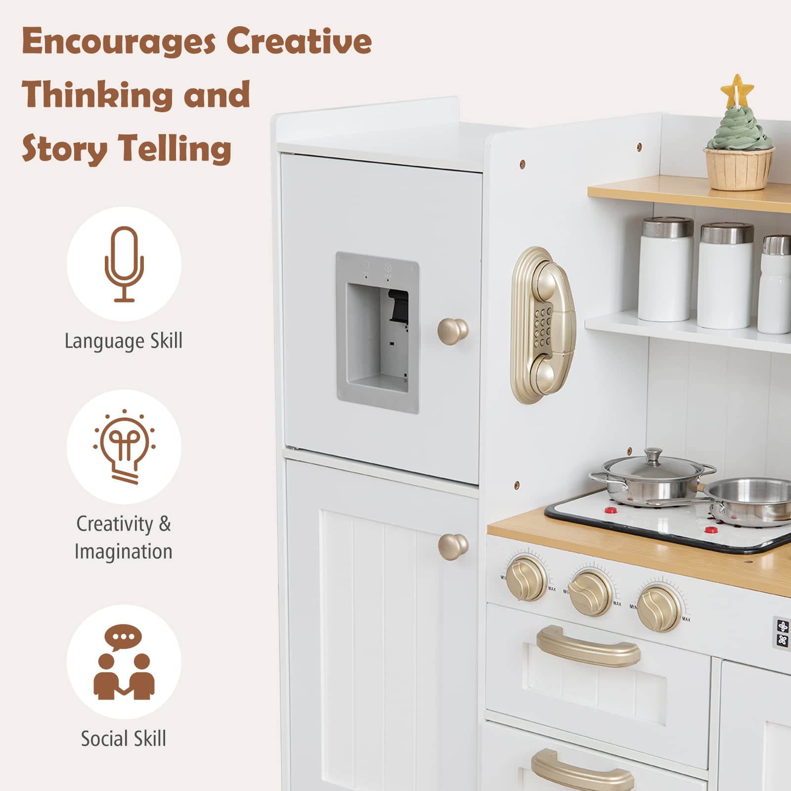 INFANS Kid Kitchen Playset Toddler Wooden Pretend Cooking Set with Realistic Light & Sound