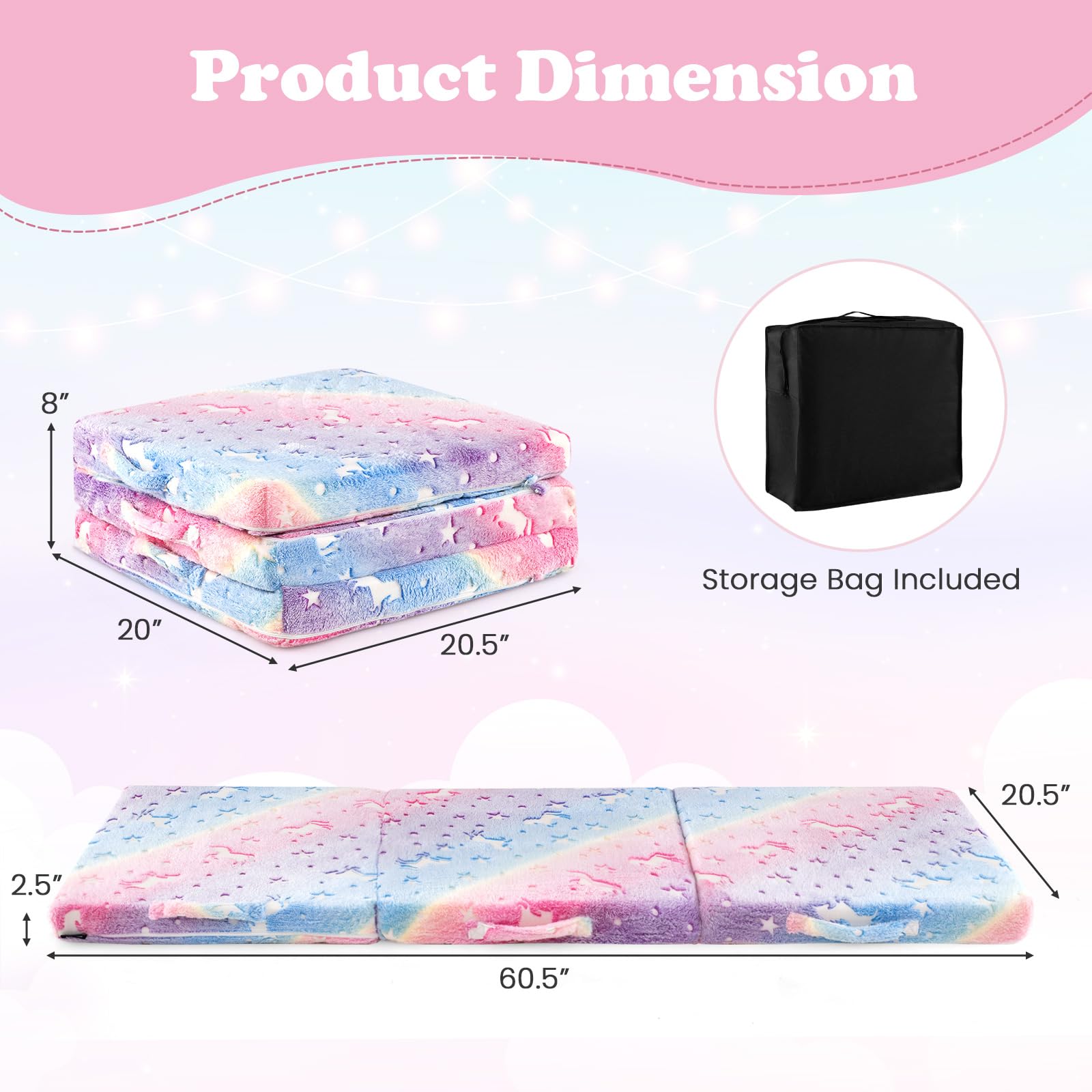 Foldable Floor Mattress for Kids, Glow in Dark Tri-Folding Nap Mat