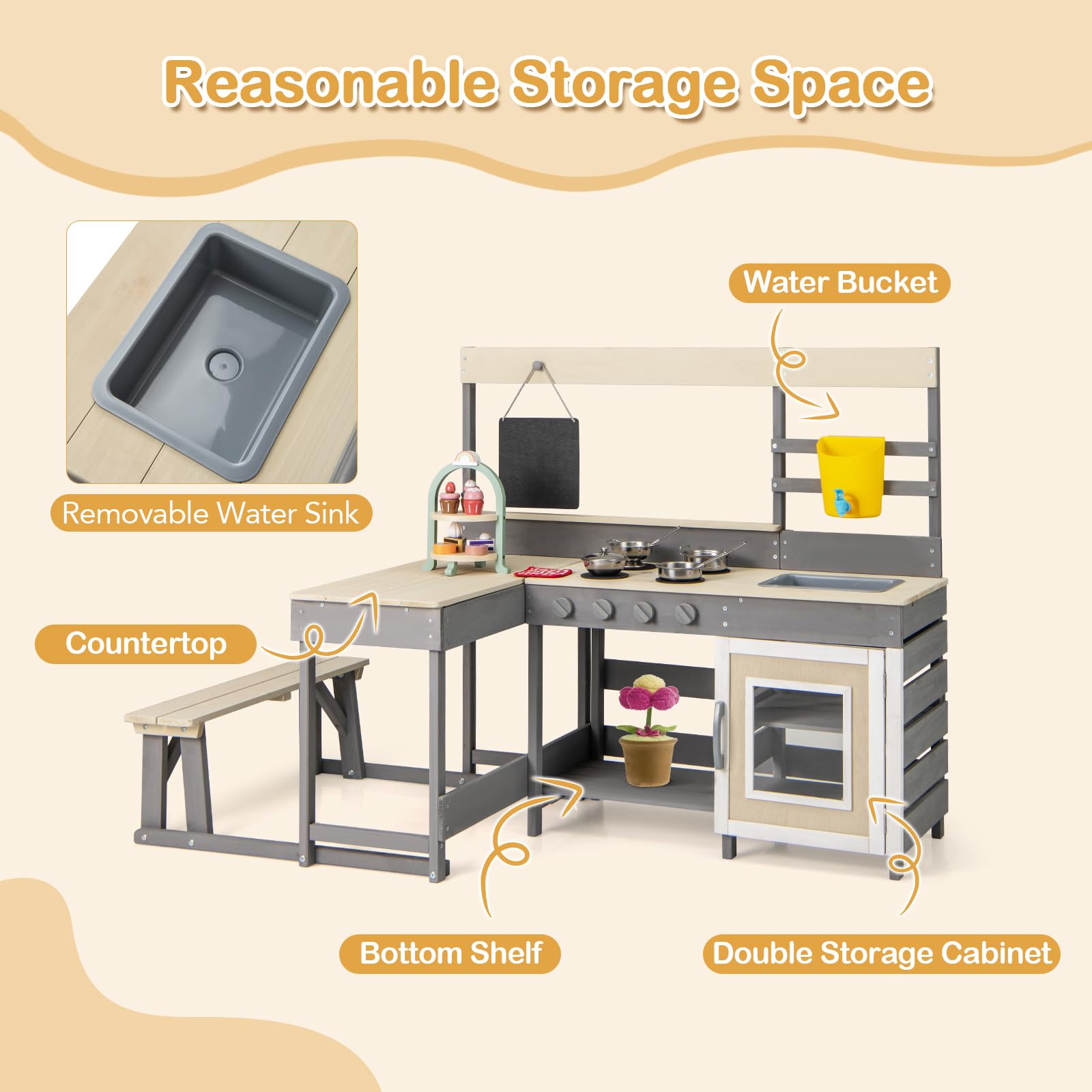 Outdoor Play Kitchen with Faucet Chalkboard Stoves Removable Sink Cooking Accessories