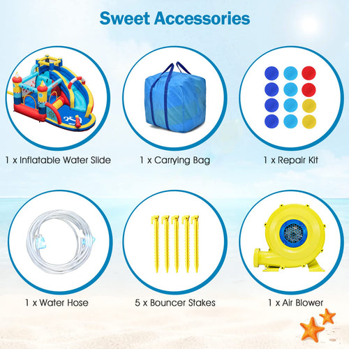 Nautical Themed Bounce House Water Park with Slide, Splash Pool, Climbing Wall, Water Gun, Outdoor Jumping Castle with Hose, Carry Bag, Repairing Kit, Stakes
