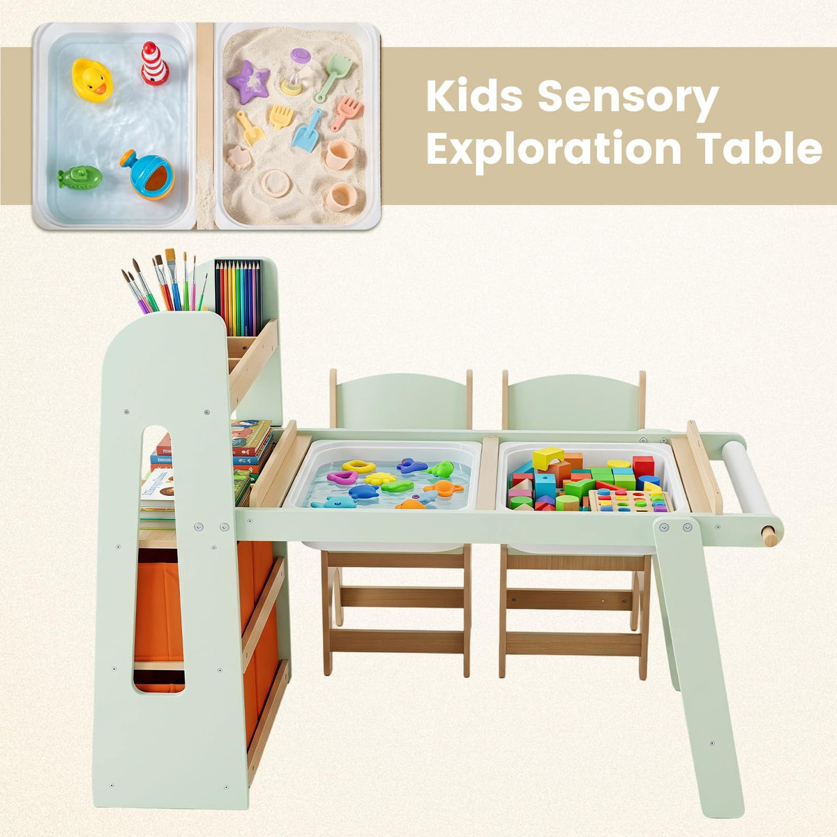 Sensory Table and Chairs Set for Toddlers, Wooden Activity Table with Paper Roll Holder,  Art Play Sand Water Desk