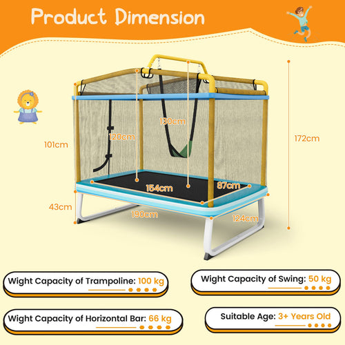 6FT Kids Trampoline, 3-in-1 Trampoline w/Swing & Horizontal Bar, Rectangle Toddler Trampoline