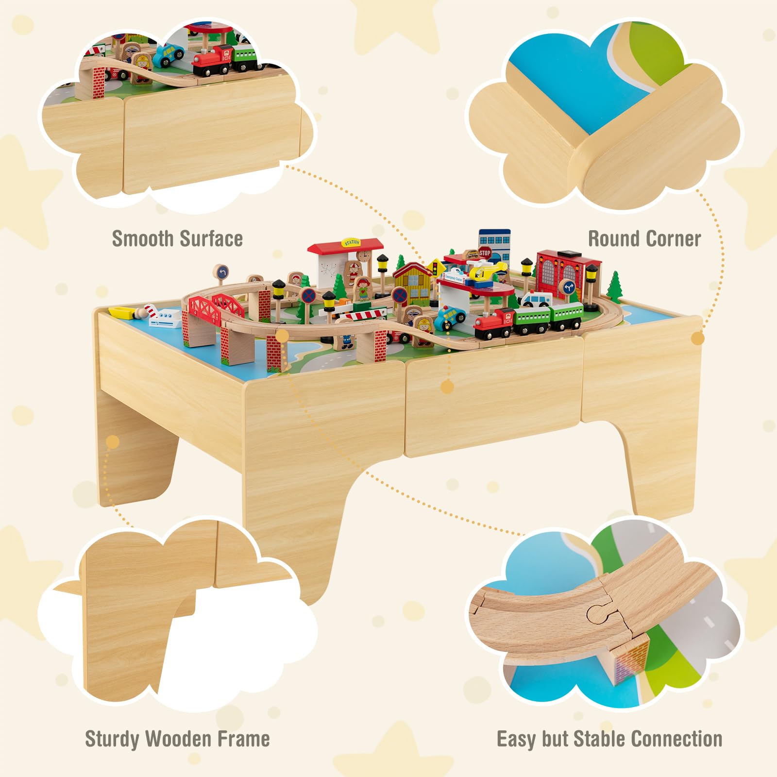 Train Table, 84 Pieces Wooden Kids Activity Toy Table Playset with Reversible Detachable Tabletop