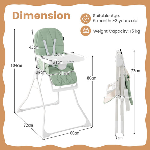 Foldable High Chair Easy Clean Compact Highchair with Removable Adjustable Tray and PU Seat Cushion