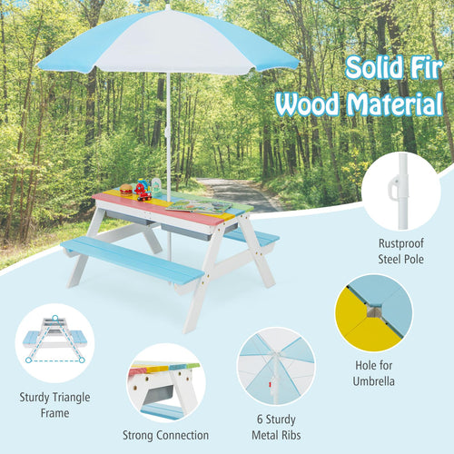 Kids Picnic Table, 3-in-1 Wooden Table & Bench Set w/Removable & Foldable Umbrella for Backyard, Garden