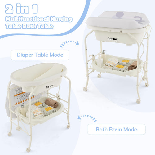INFANS 2 in 1 Baby Changing Table with Bath Tub Unit, Folding Diaper Dresser Station