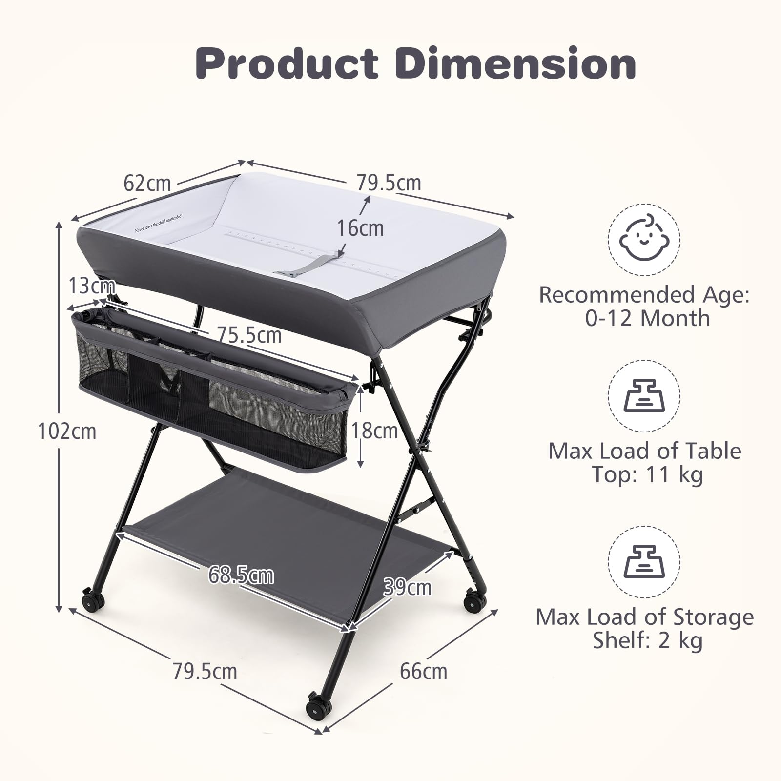 INFANS Baby Changing Table with Wheels Portable Folding Diaper Station Nursery Organizer with Storage Basket
