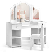 INFANS 2 in 1 Princess Makeup Desk and Chair Set with Drawers Tri-Folding Detachable Mirror Large Storage Shelves