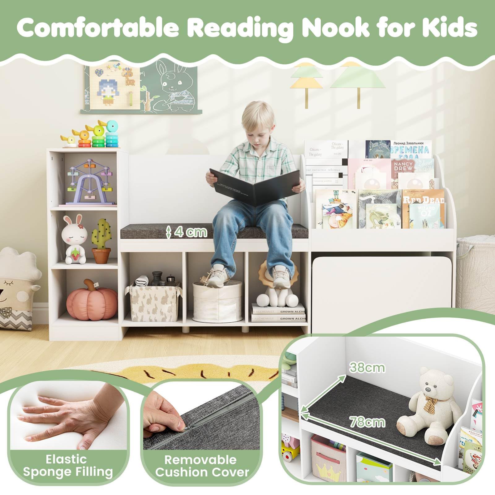 4-in-1 Kids Bookcase with Reading Nook and Removable Seat Cushion