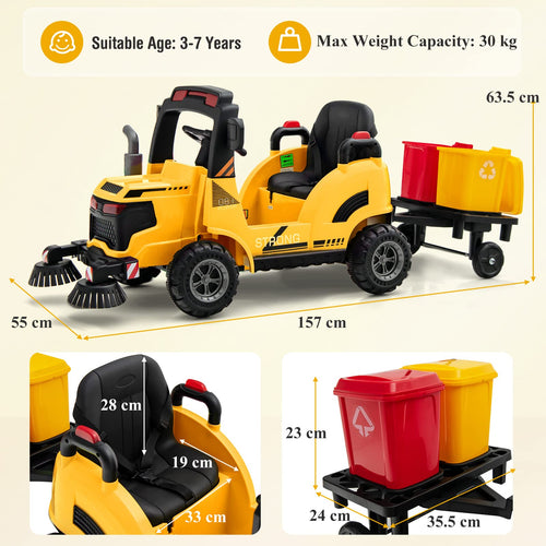 Kids Electric Ride-On Car, 12V Street Sweeper Truck w/2 Rotating Brushes & 2 Removable Rubbish Bins