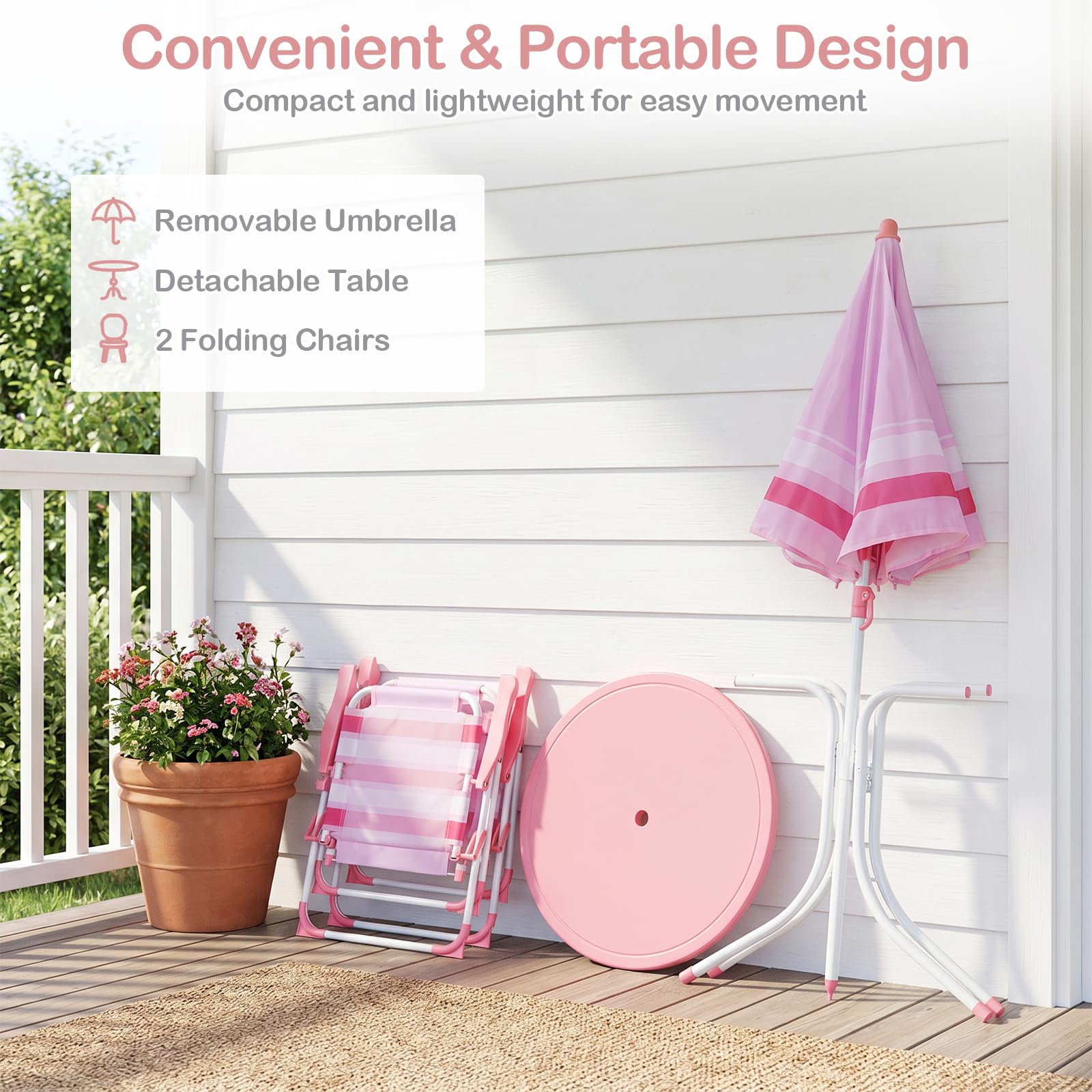 Kids Picnic Table, Outdoor Toddler Patio Furniture Set with 2 Folding Chairs Adjustable Foldable Umbrella