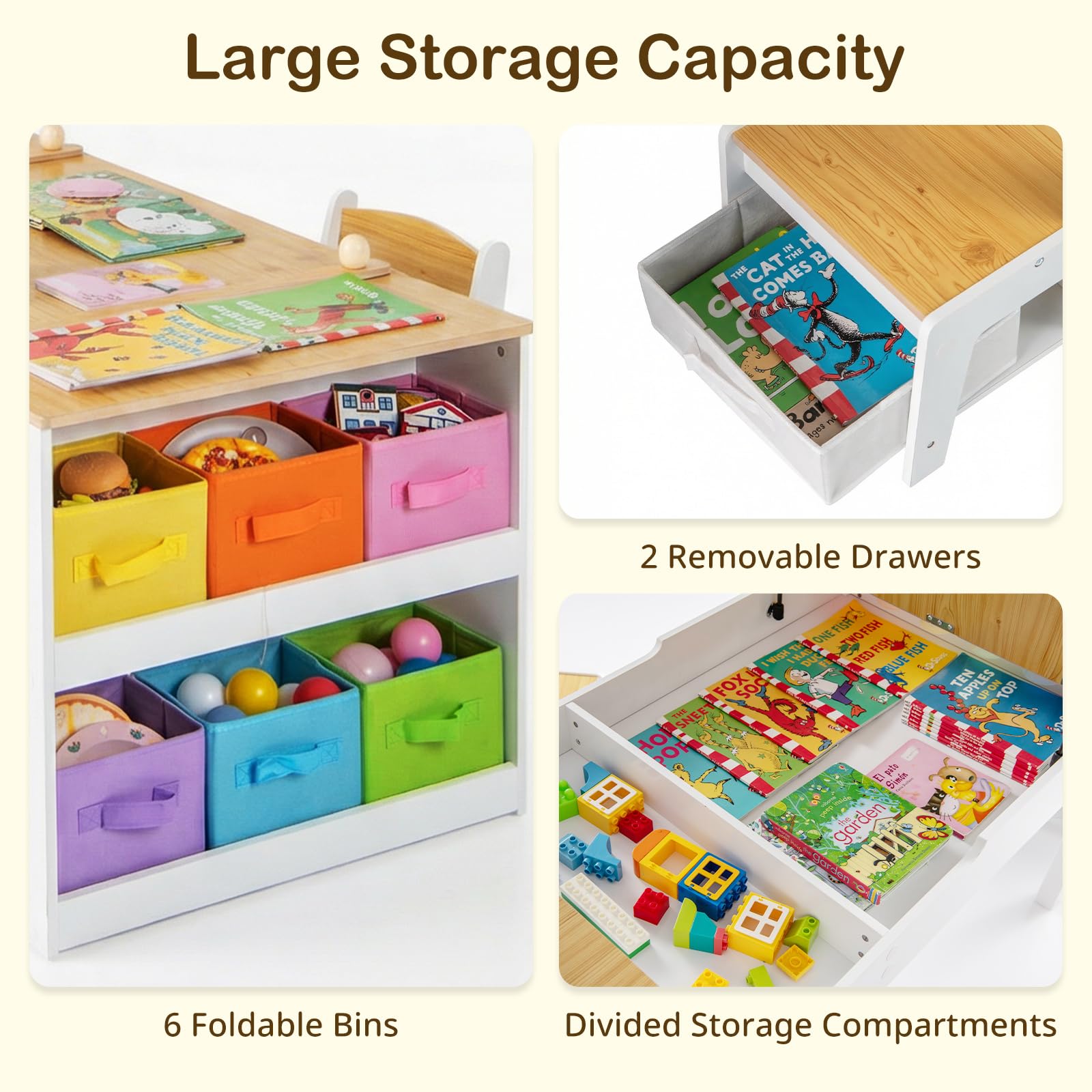 Toddler Art Craft Play Wood Activity Desk with 2 Chairs 4 Storage Canvas Bins Paper Roll for Writing Drawing