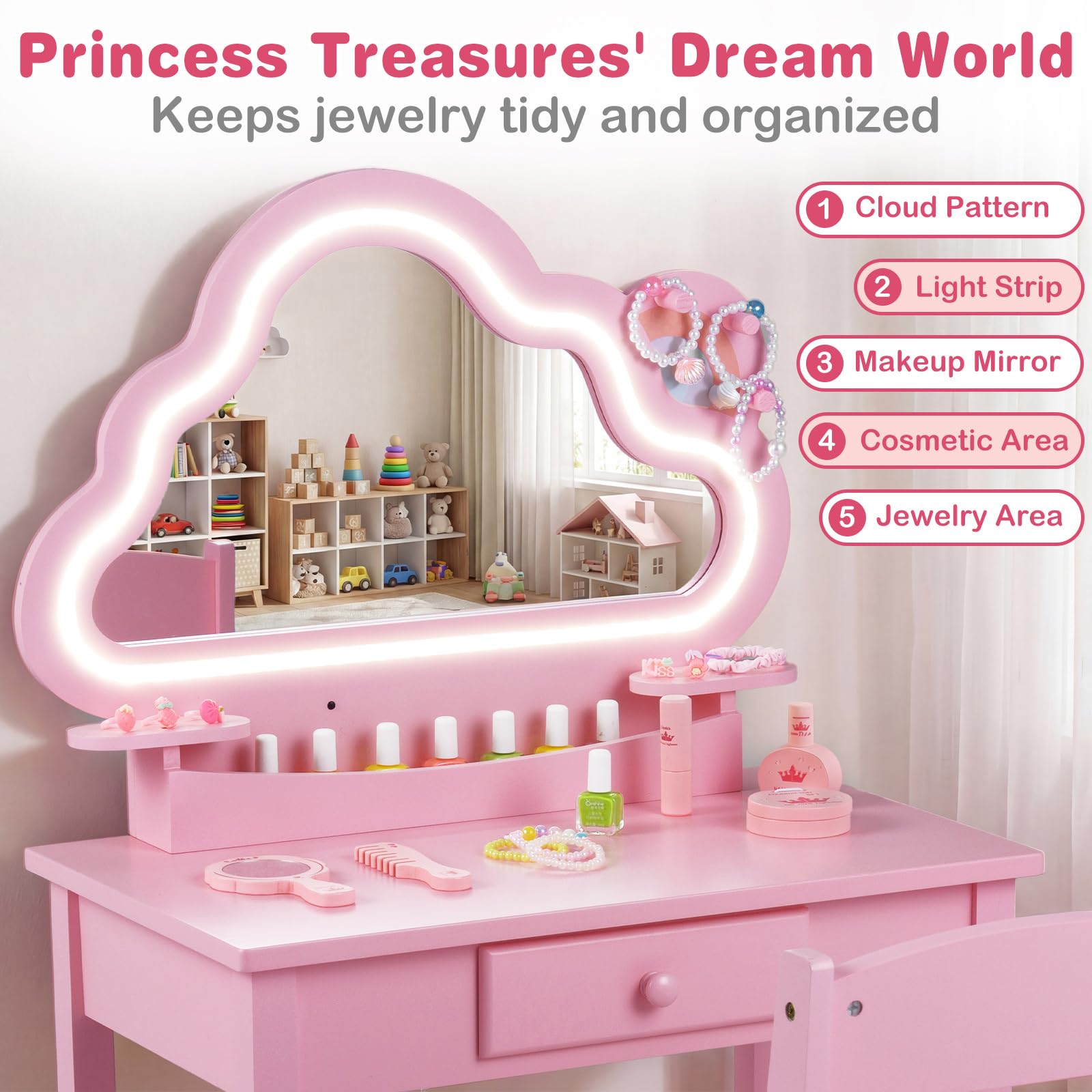 Kids Vanity with Lights, Princess Makeup Dressing Desk