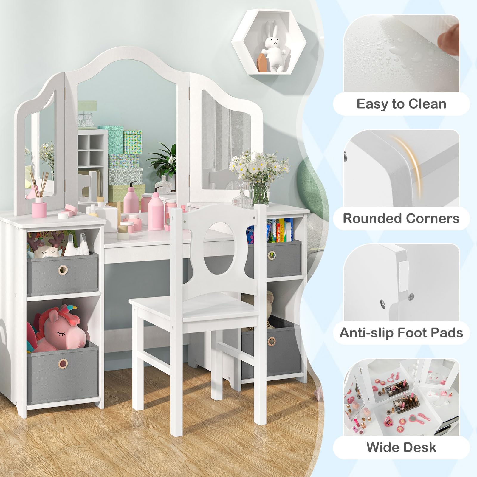 INFANS Kids Vanity, Princess Makeup Desk and Chair Set with Lights Mirror Drawer Storage Shelves