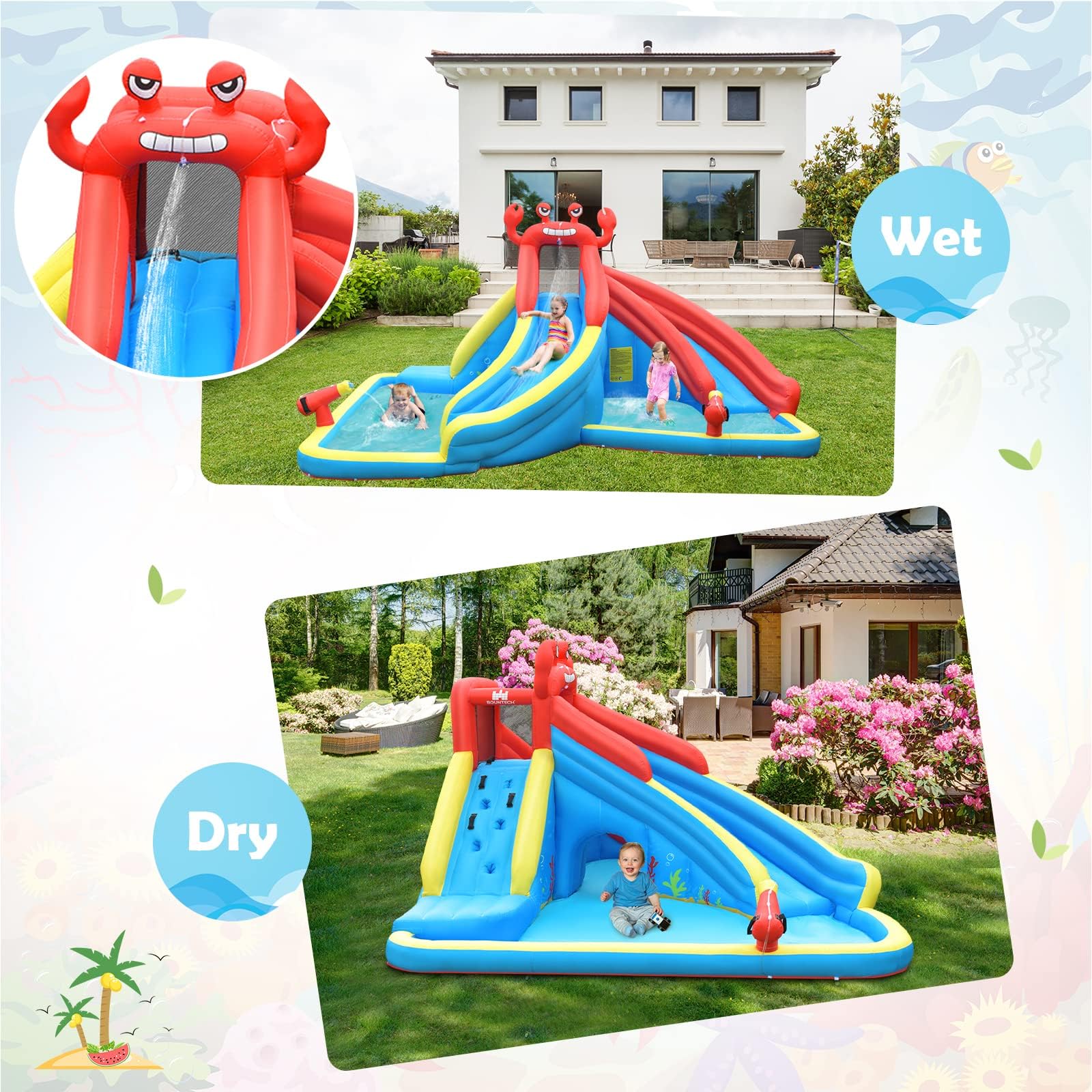 Inflatable Water Slide, 7 in 1 Giant Water Park Double Long Slide w/Splash Pool, Tunnel Adventure