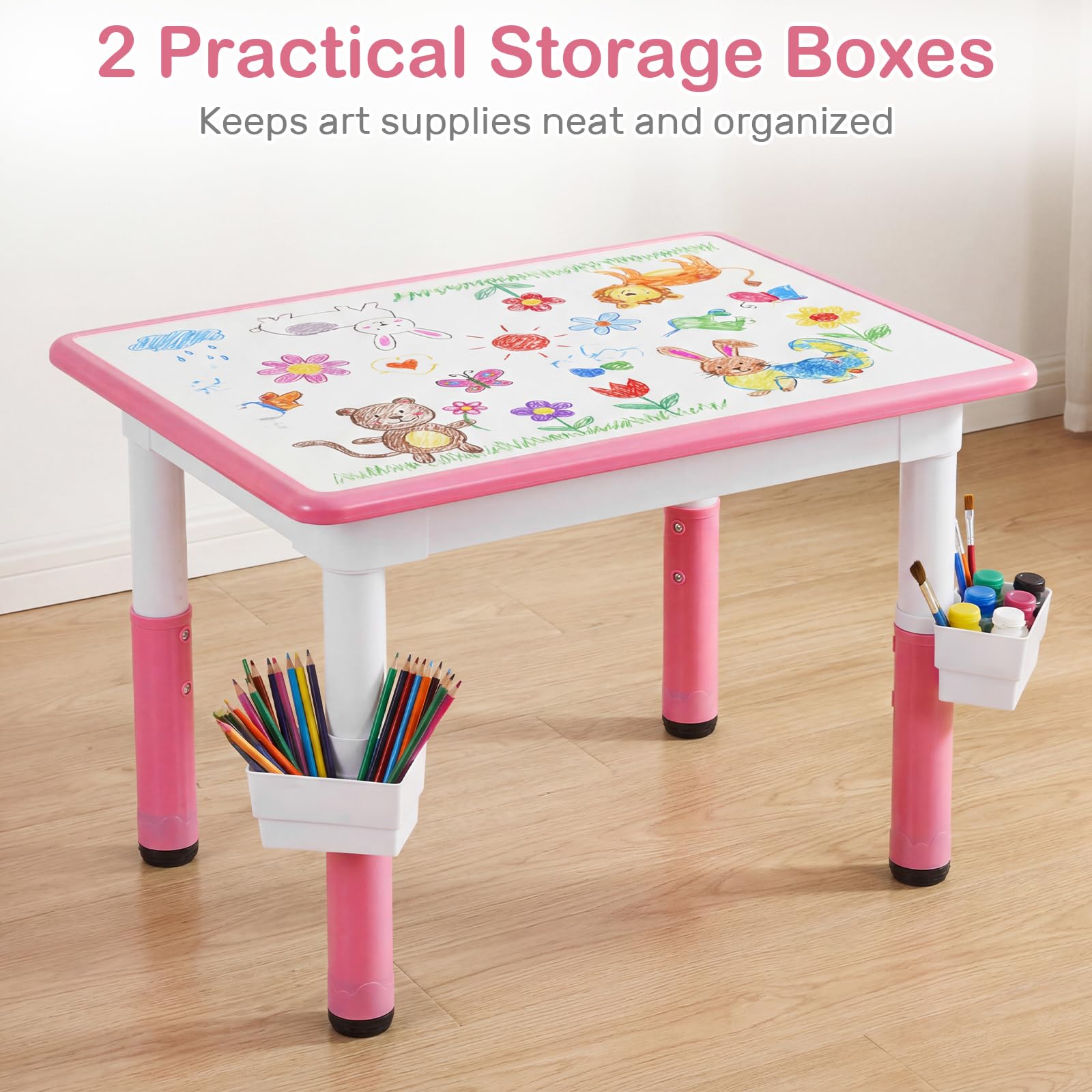 Kids Table and 4 Chairs Set, Height Adjustable Children Activity Desk with Graffiti Desktop 2 Storage Boxes