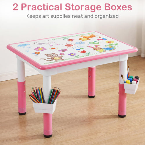 Kids Table and 4 Chairs Set, Height Adjustable Children Activity Desk with Graffiti Desktop 2 Storage Boxes