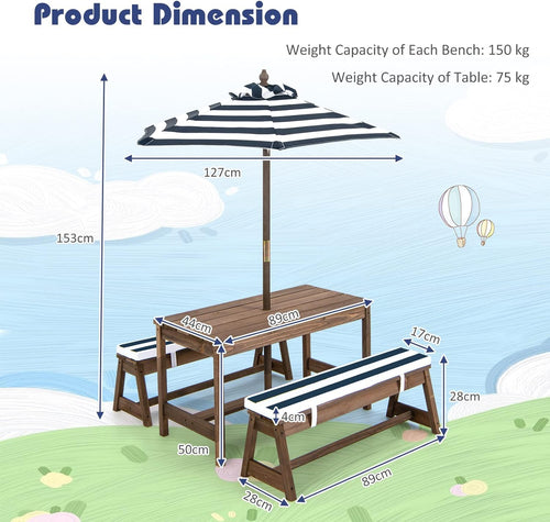 Kids Picnic Table Bench Set, Wooden Kids Outdoor Furniture with Umbrella, Sponge Cushions