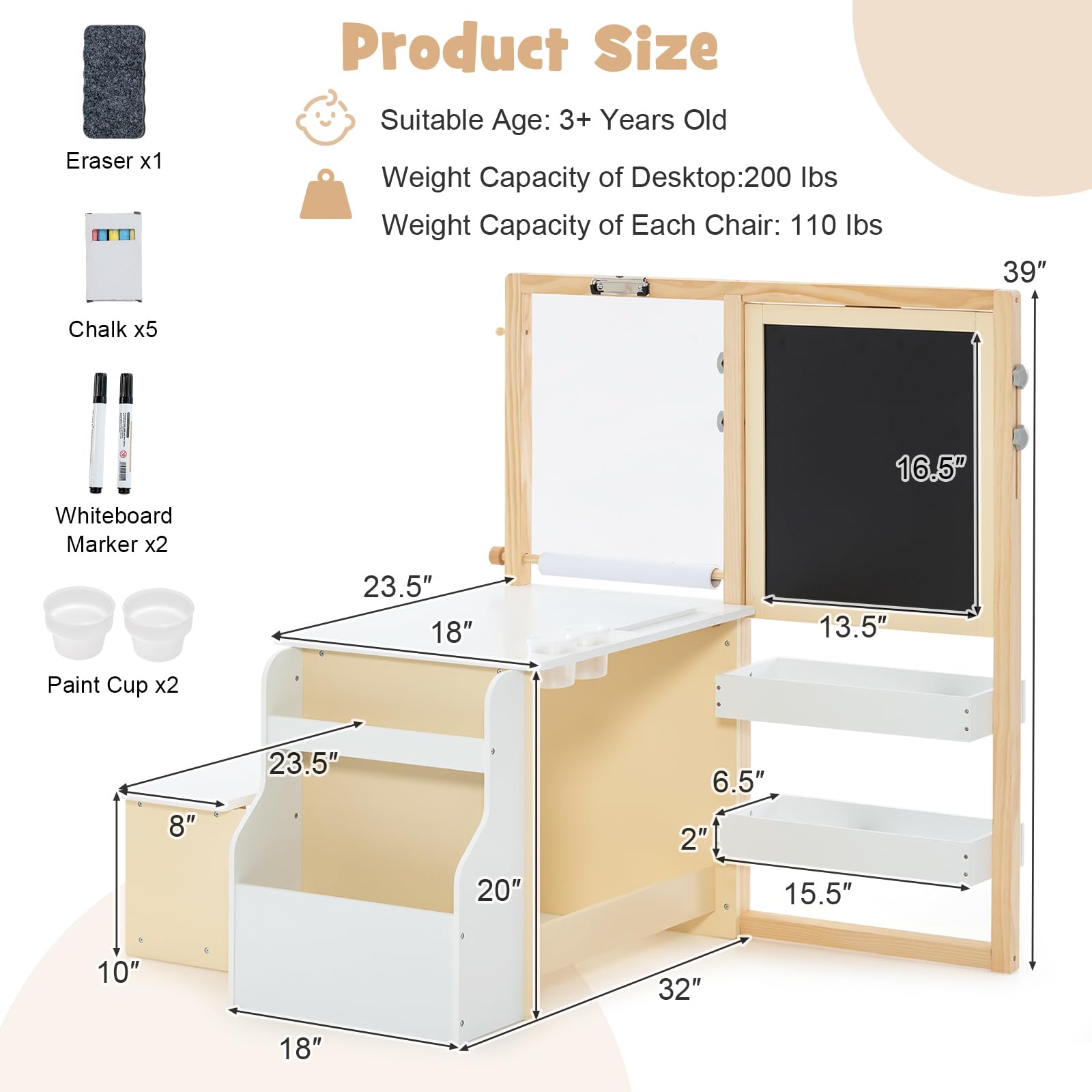 INFANS 3 in 1 Kids Art Table and Chair Set, Toddler Craft and Play Wood Activity Desk