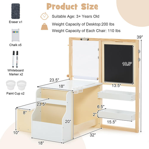 3 in 1 Kids Art Table and Chair Set, Toddler Craft and Play Wooden Activity Desk with Double-Sided Easel