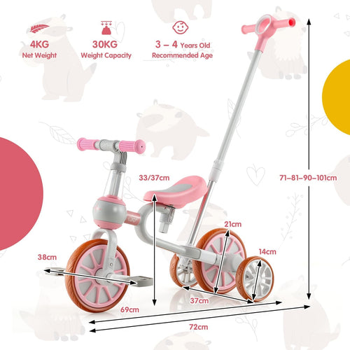 4-in-1 Toddler Tricycle, Kids Training Balance Bike w/Adjustable Parent Handle