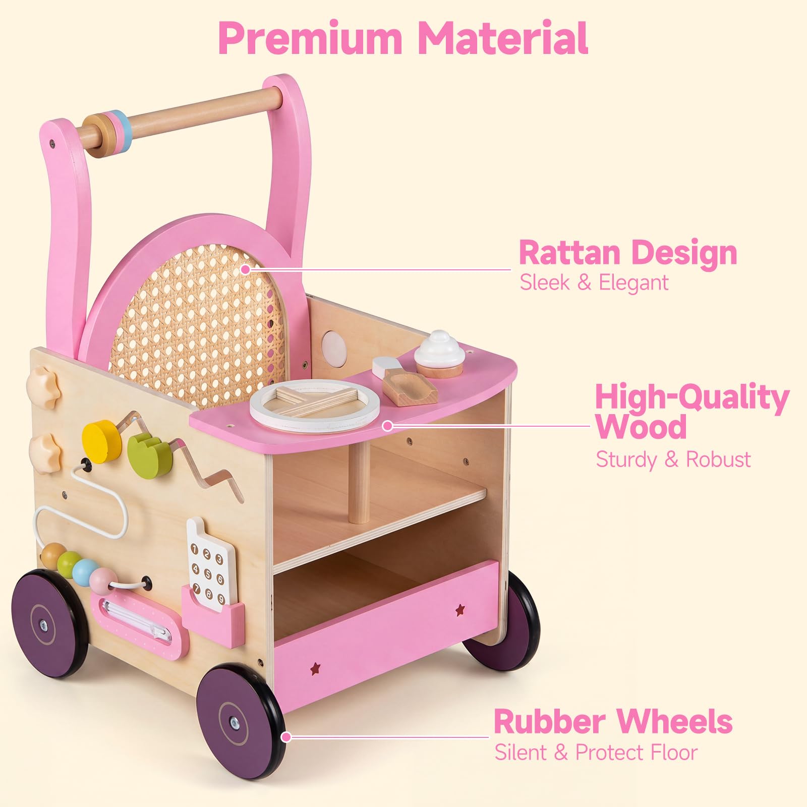 Wooden Baby Walker, Activity Center Push Walking Toy