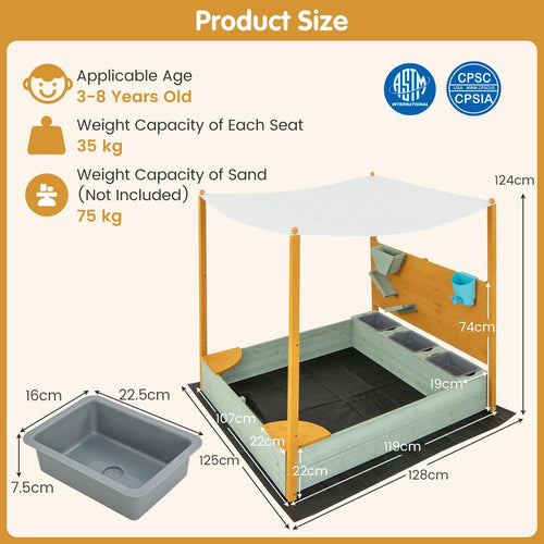 Kids Sandbox with Sand Wall, Wooden Sandpit for 3-8 Years w/Removable Canopy