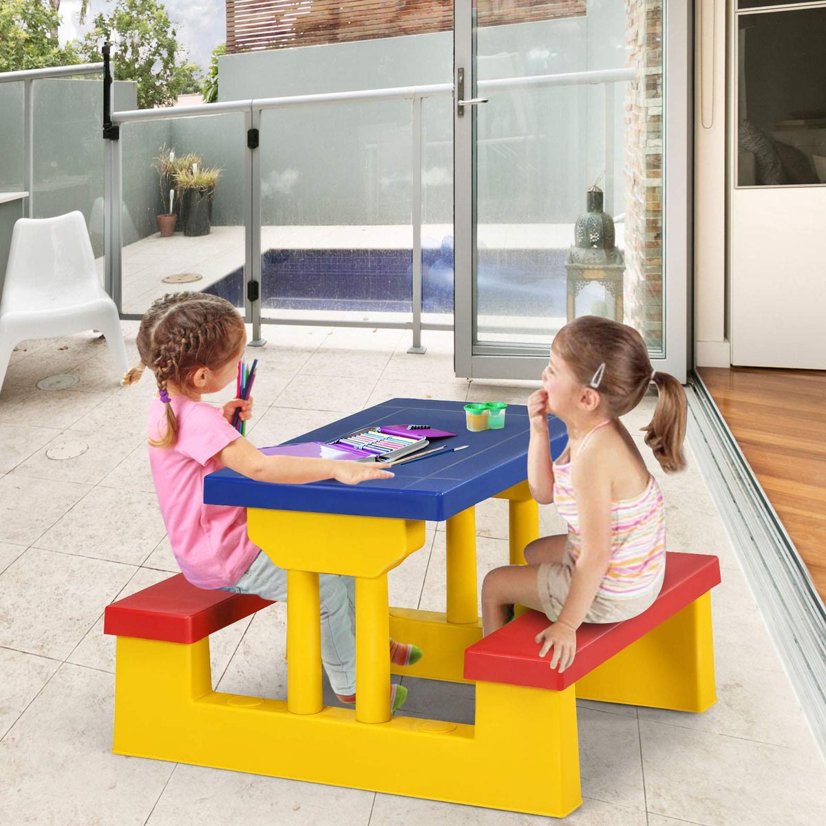 Kids Picnic Table Set, Table Bench Set for Toddlers w/Removable Umbrella