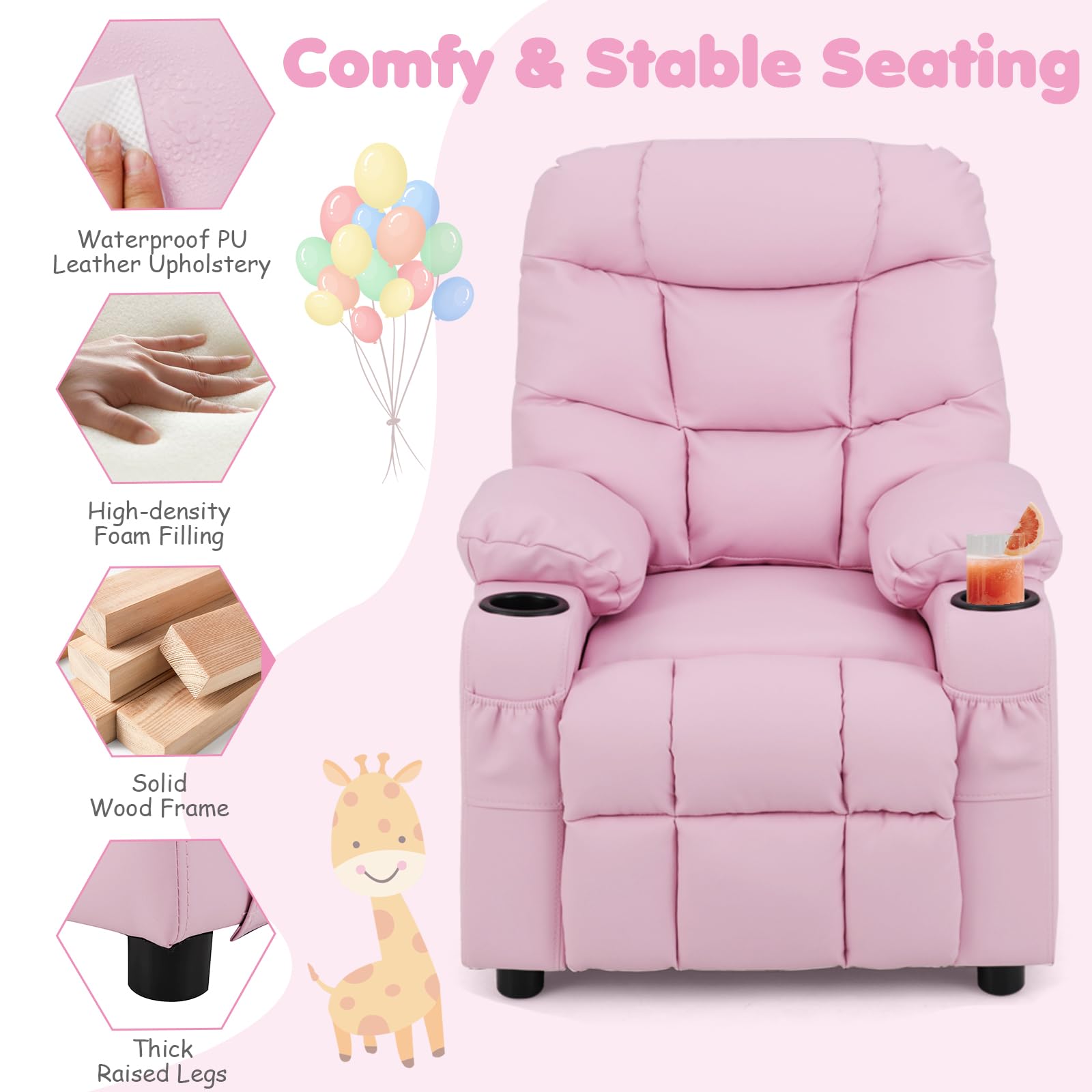 Kids PU Leather Recliner with Cup Holder and Footrest