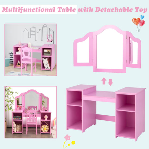 2-in-1 Kids Vanity Table and Chair Set with Removable Mirror
