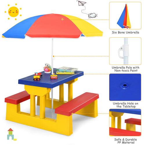 Kids Picnic Table Set, Table Bench Set for Toddlers w/Removable Umbrella